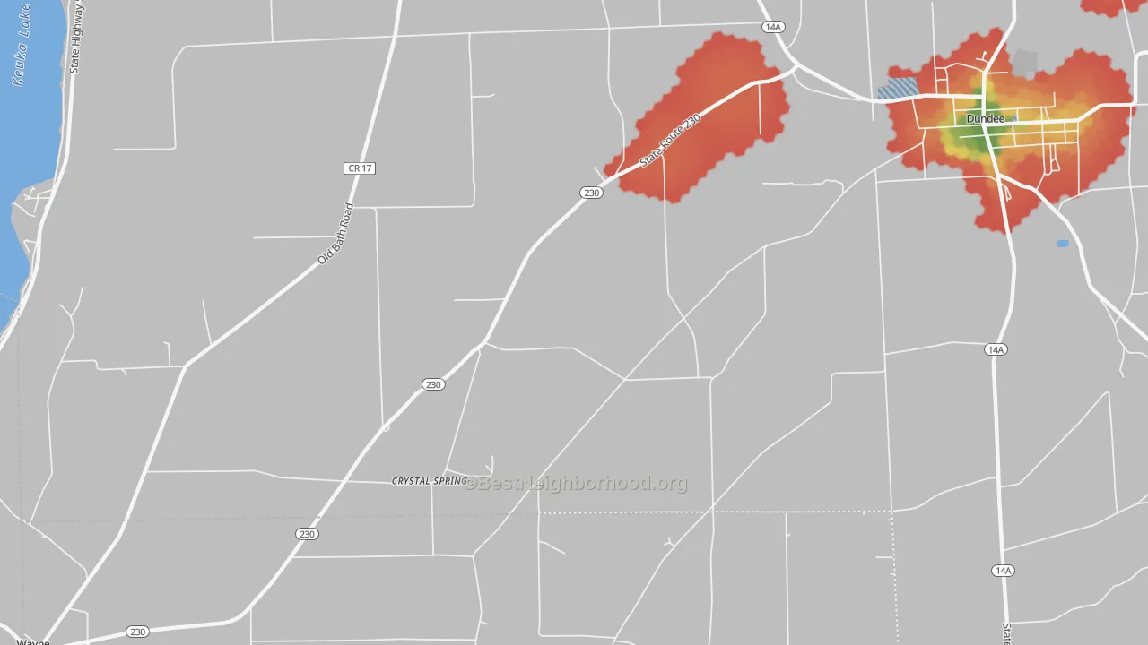 Walk Grade map of Keuka, NY, walkable areas in green and car-dependent areas in red