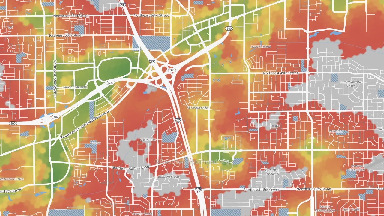 Walk Grade map of Kevanna Park, Vancouver, WA, walkable areas in green and car-dependent areas in red