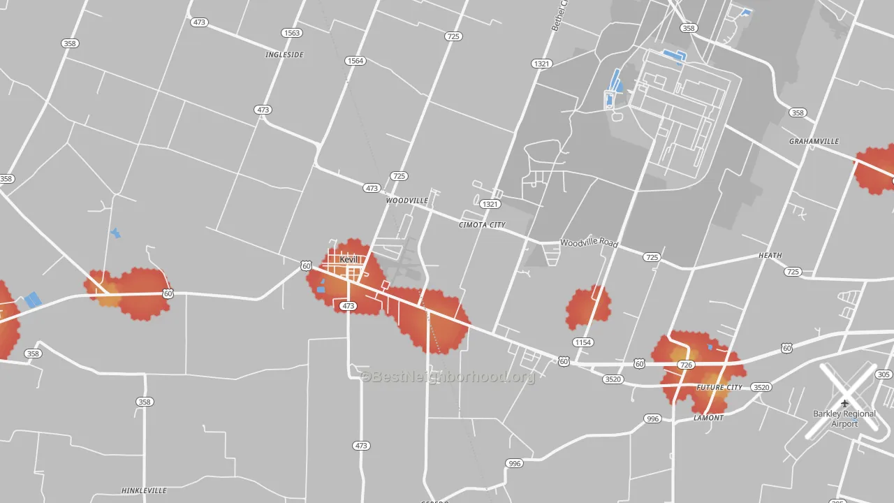 Walk Grade map of Kevil, KY, walkable areas in green and car-dependent areas in red