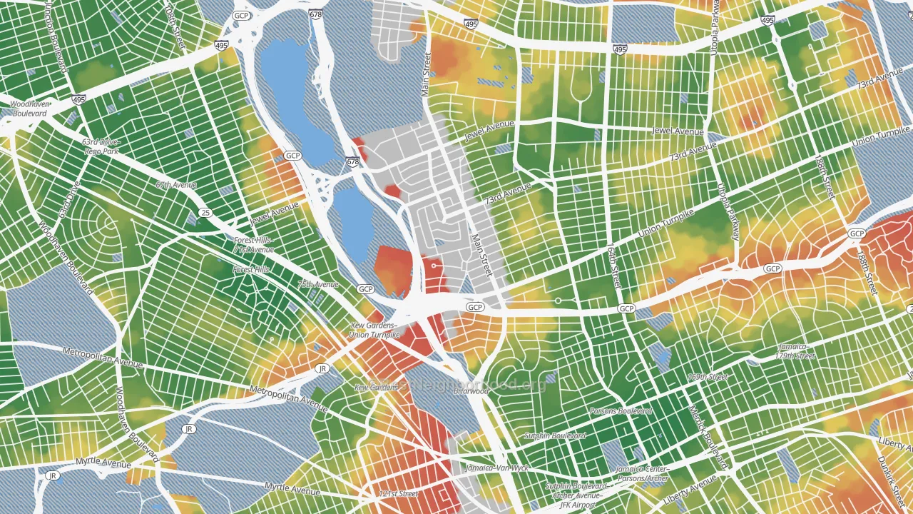 Walk Grade map of Kew Ggardens, Queens, NY, walkable areas in green and car-dependent areas in red