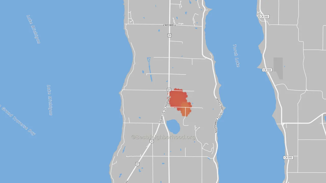 Walk Grade map of Kewadin, MI, walkable areas in green and car-dependent areas in red