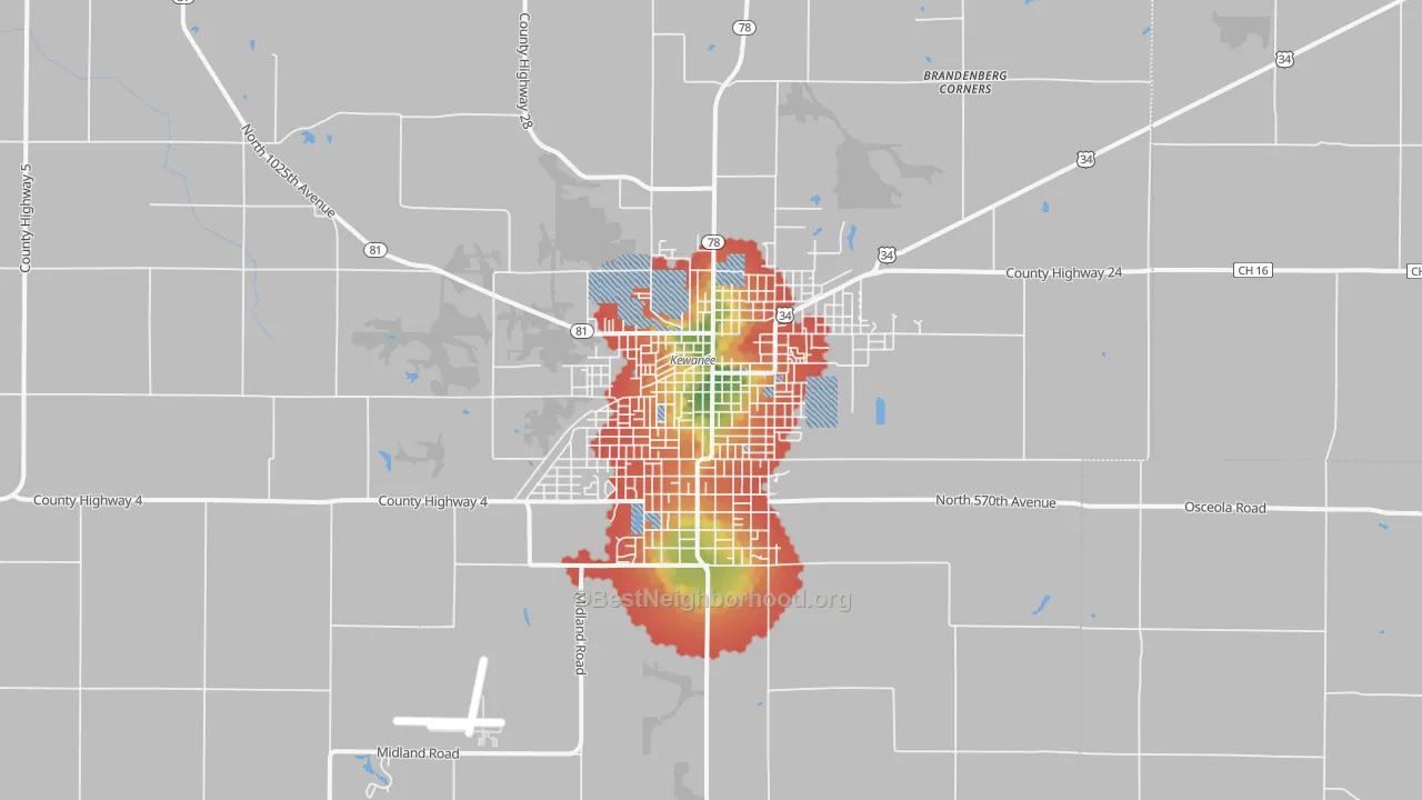 Walk Grade map of Kewanee, IL, walkable areas in green and car-dependent areas in red