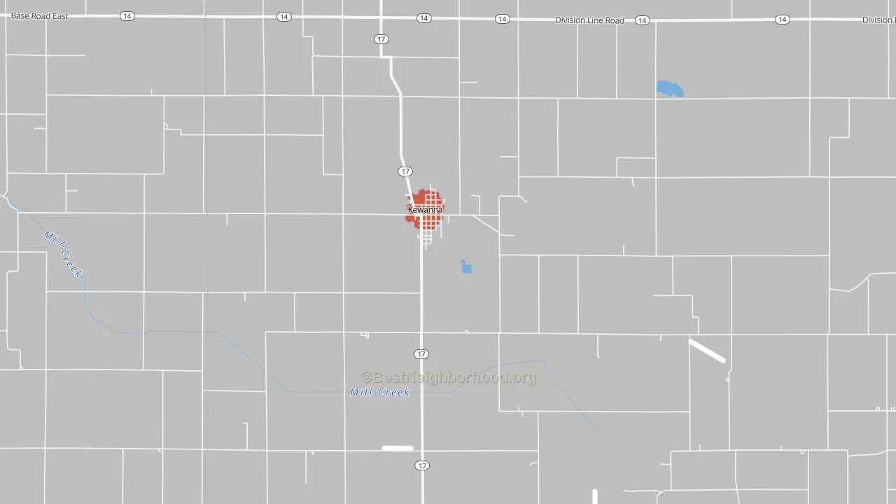 Walk Grade map of Kewanna, IN, walkable areas in green and car-dependent areas in red