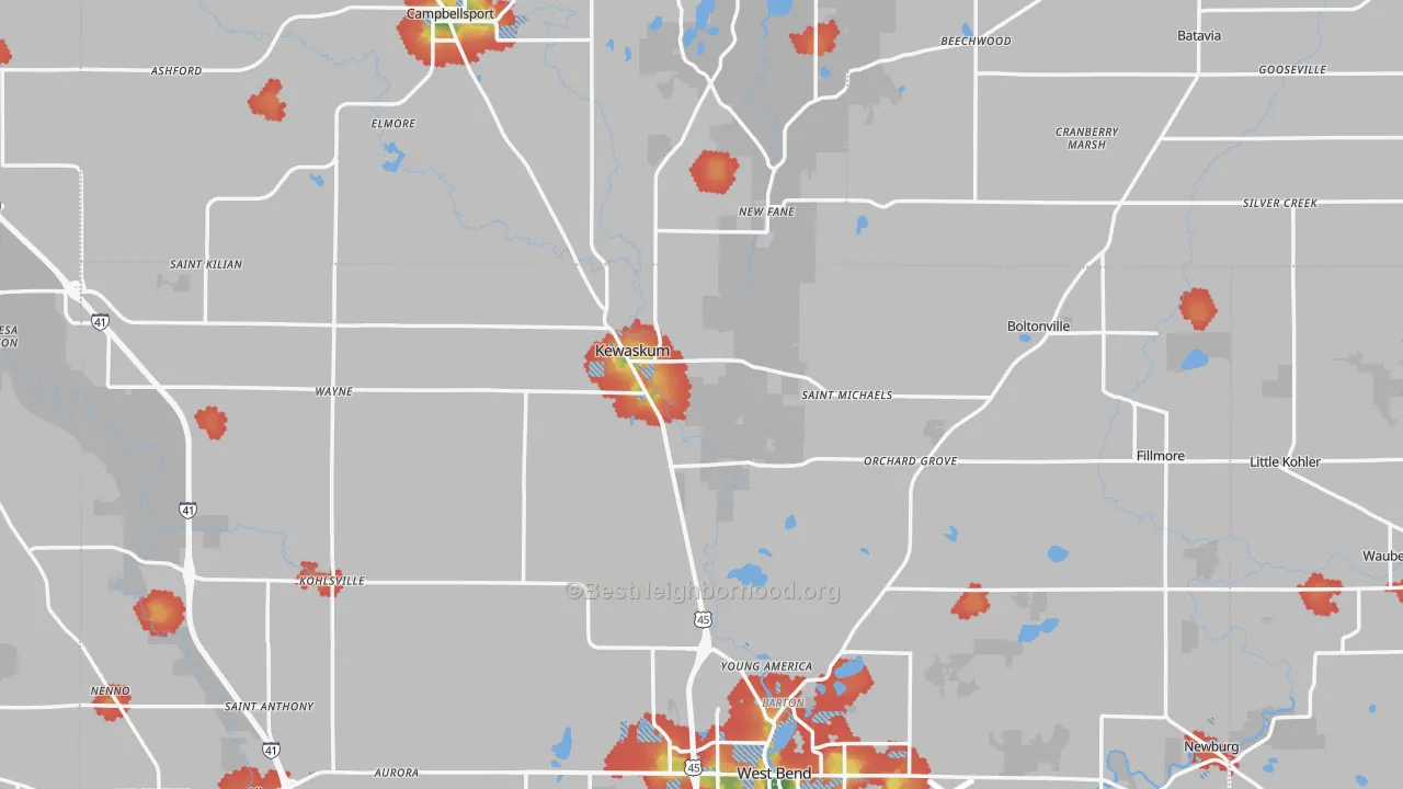 Walk Grade map of Kewaskum, WI, walkable areas in green and car-dependent areas in red