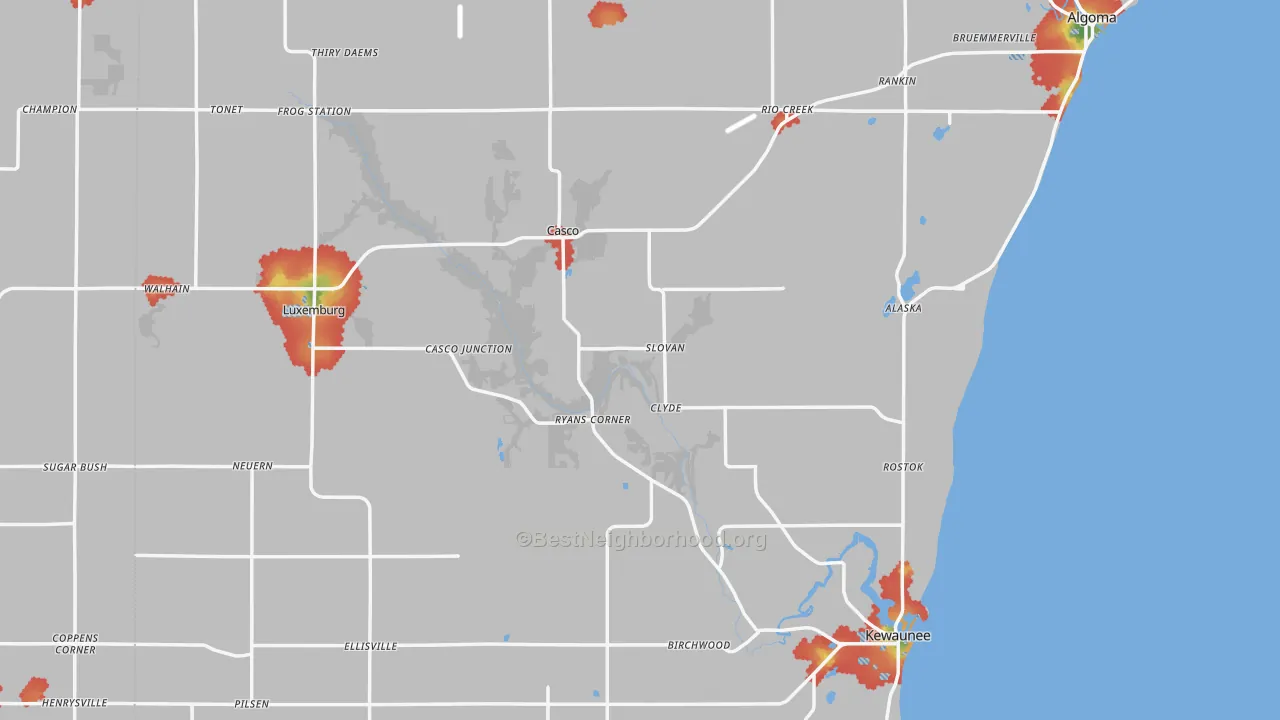 Walk Grade map of Kewaunee County, WI, walkable areas in green and car-dependent areas in red