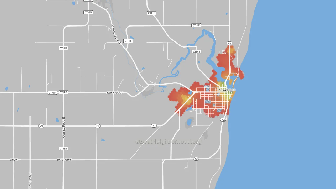 Walk Grade map of Kewaunee, WI, walkable areas in green and car-dependent areas in red