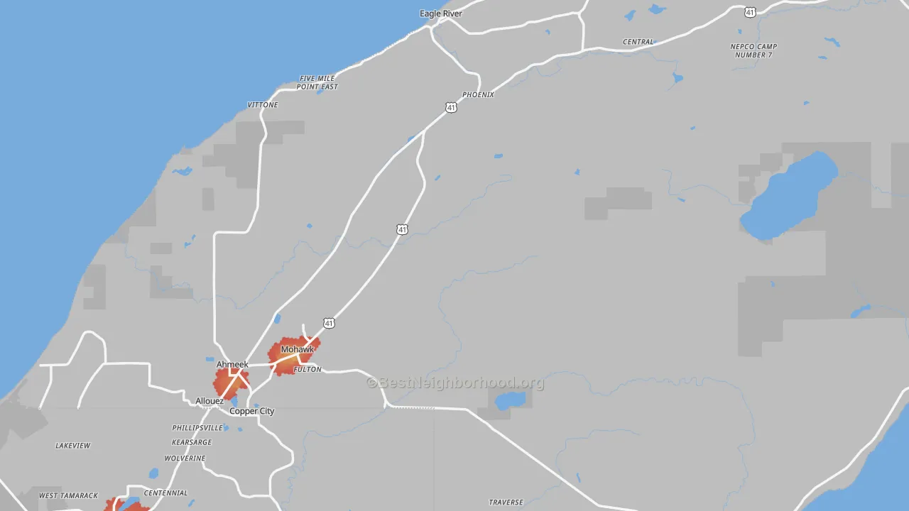 Walk Grade map of Keweenaw County, MI, walkable areas in green and car-dependent areas in red