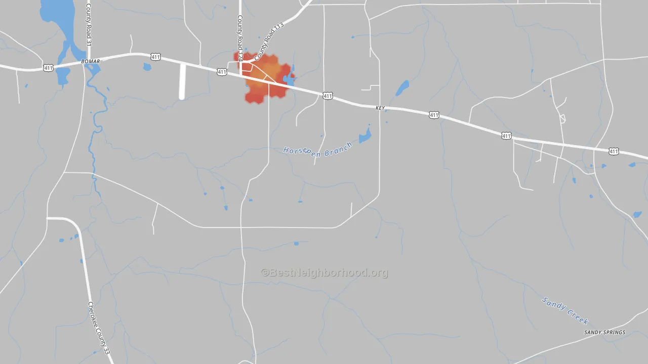 Walk Grade map of Key, AL, walkable areas in green and car-dependent areas in red