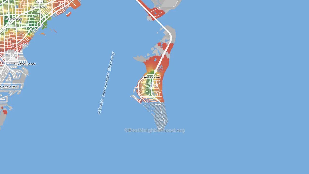 Walk Grade map of Key Biscayne, FL, walkable areas in green and car-dependent areas in red