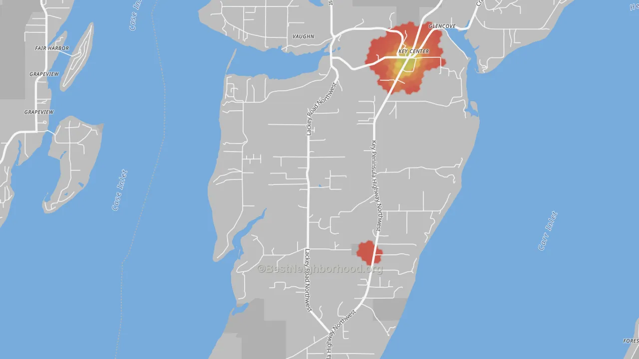 Walk Grade map of Key Center, WA, walkable areas in green and car-dependent areas in red