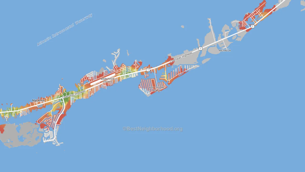 Walk Grade map of Key Colony Beach, FL, walkable areas in green and car-dependent areas in red