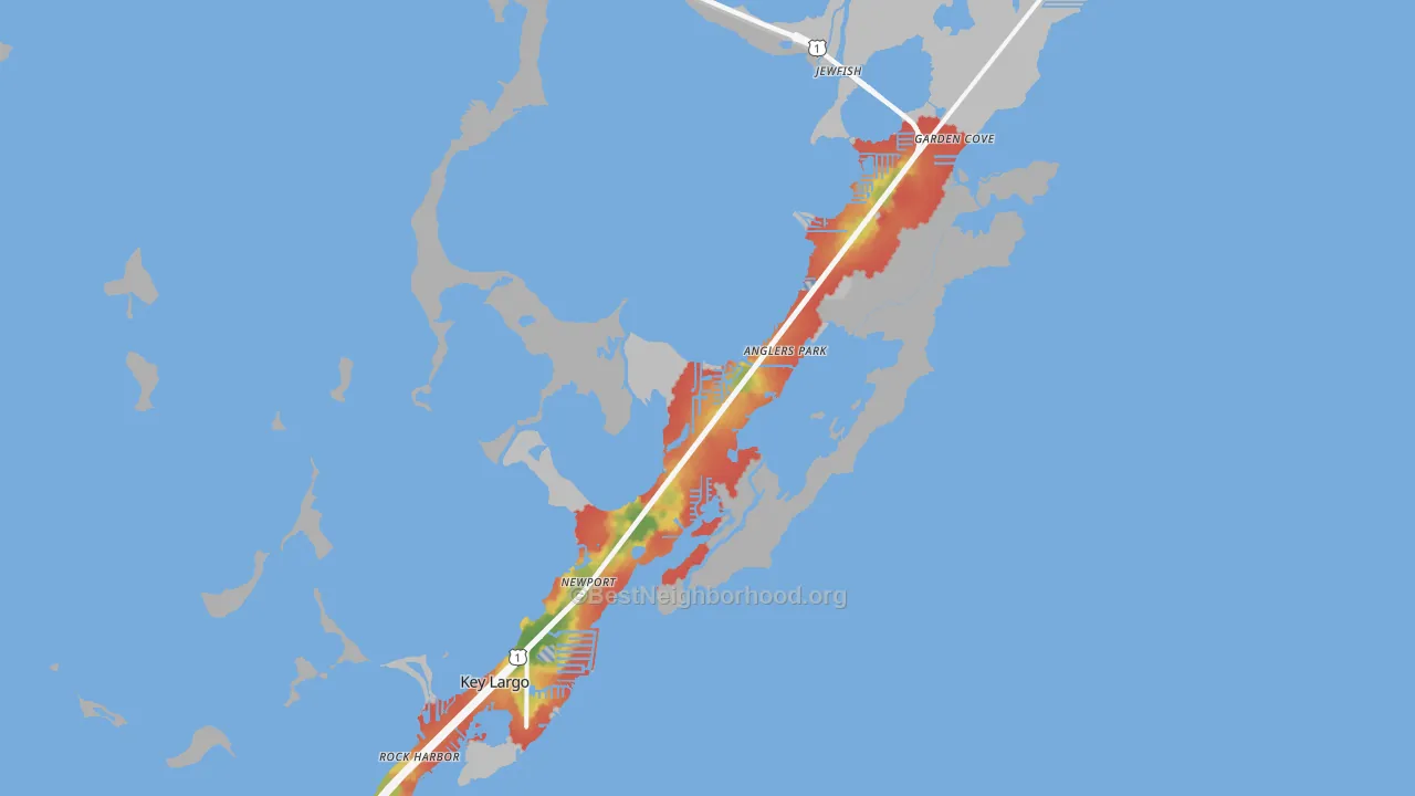 Walk Grade map of Key Largo, FL, walkable areas in green and car-dependent areas in red