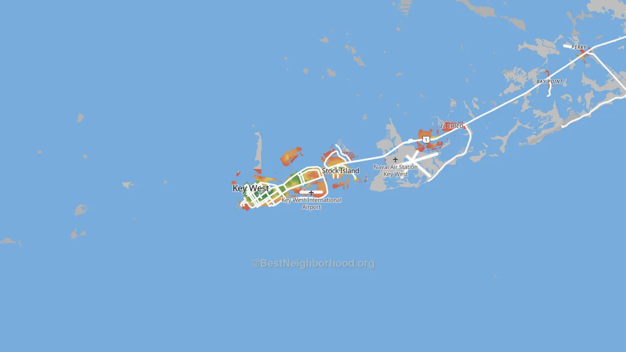 Walk Grade map of Key West, FL, walkable areas in green and car-dependent areas in red