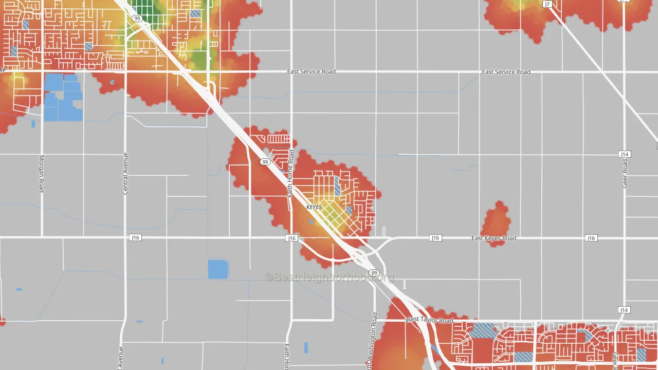 Walk Grade map of Keyes, CA, walkable areas in green and car-dependent areas in red