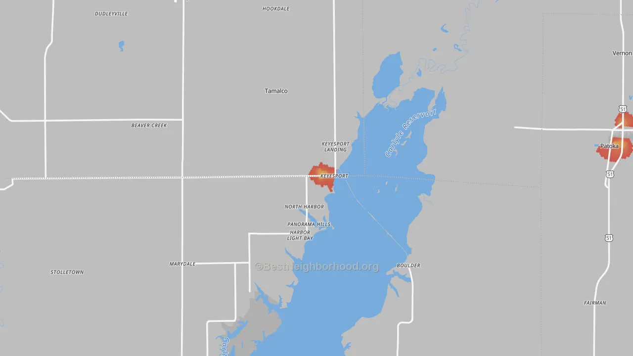 Walk Grade map of Keyesport, IL, walkable areas in green and car-dependent areas in red
