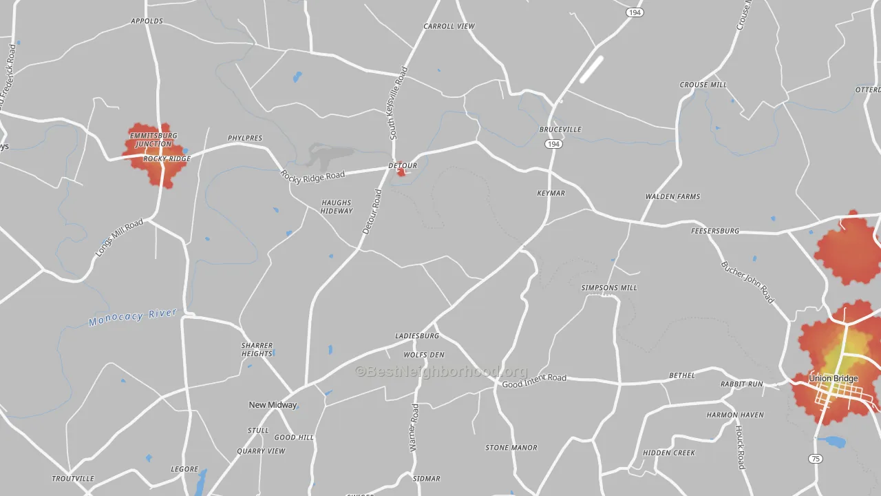 Walk Grade map of Keymar, MD, walkable areas in green and car-dependent areas in red