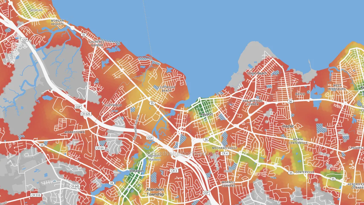 Walk Grade map of Keyport, NJ, walkable areas in green and car-dependent areas in red