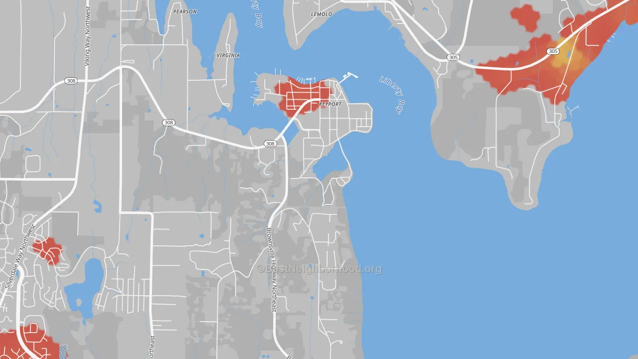 Walk Grade map of Keyport, WA, walkable areas in green and car-dependent areas in red