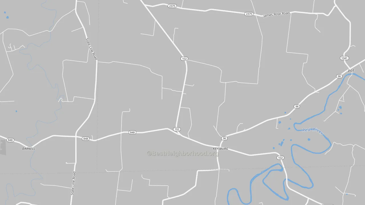 Walk Grade map of Keysburg, KY, walkable areas in green and car-dependent areas in red