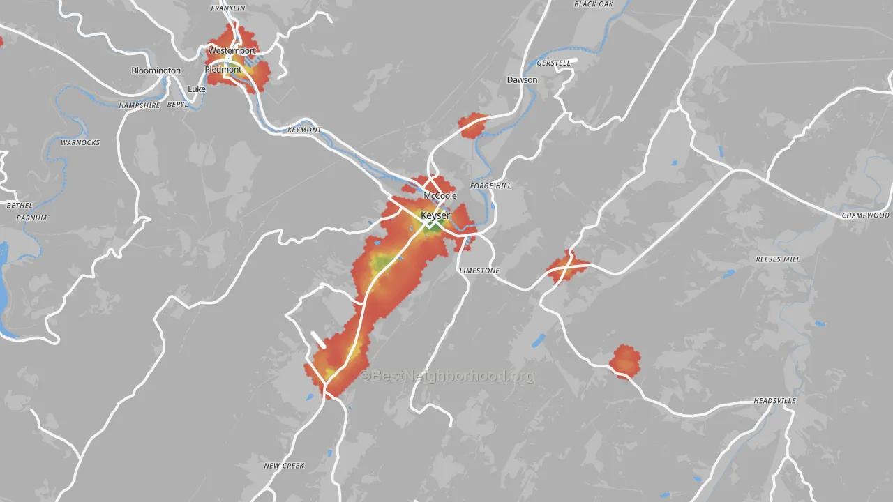 Walk Grade map of Keyser, WV, walkable areas in green and car-dependent areas in red