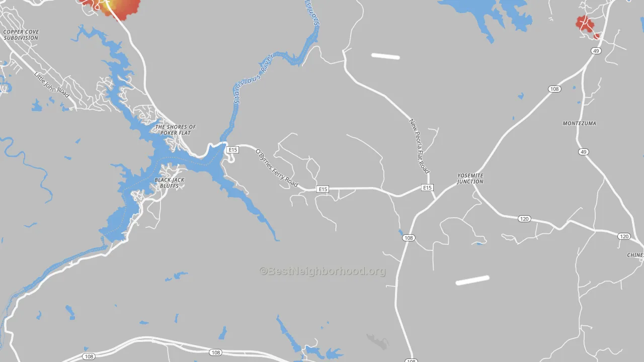 Walk Grade map of Keystone, CA, walkable areas in green and car-dependent areas in red