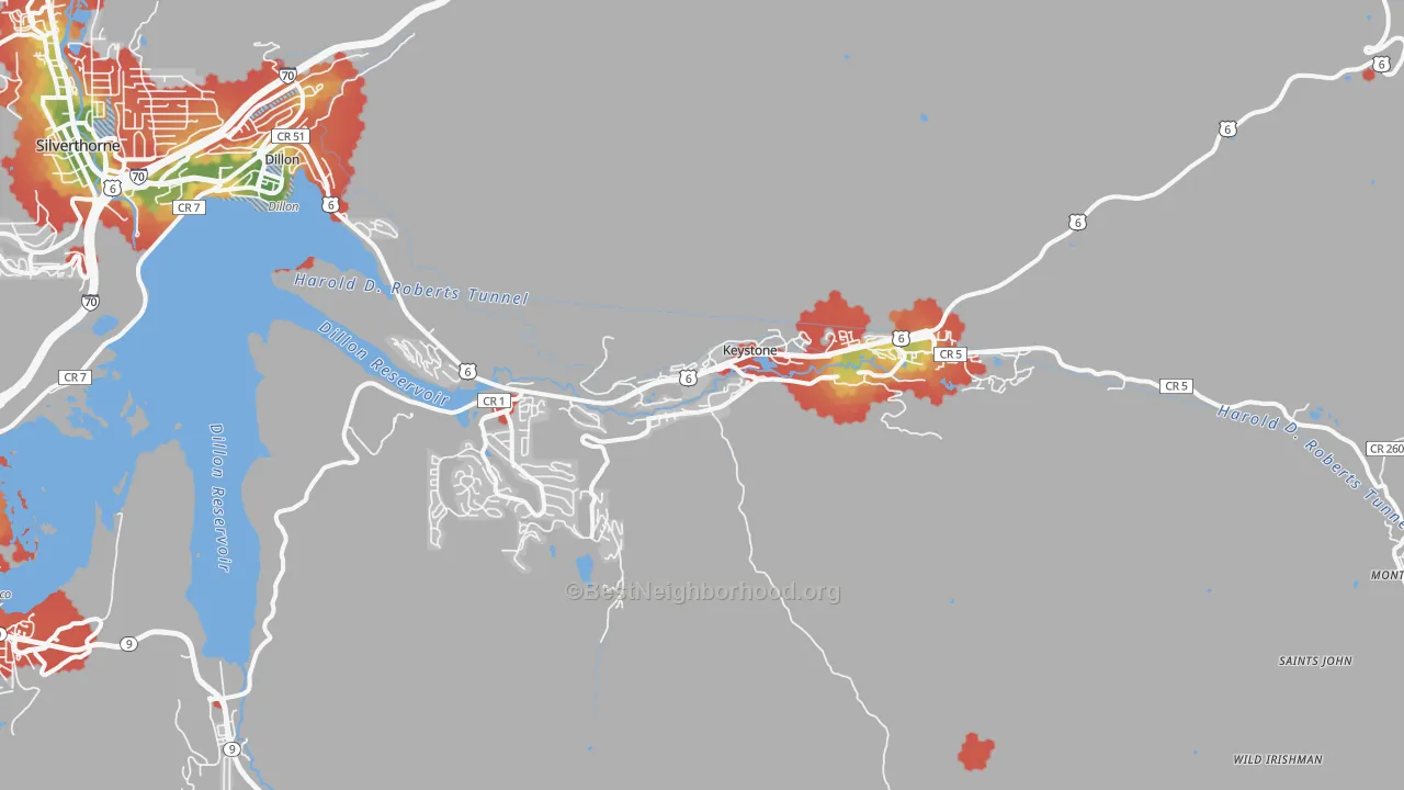 Walk Grade map of Keystone, CO, walkable areas in green and car-dependent areas in red