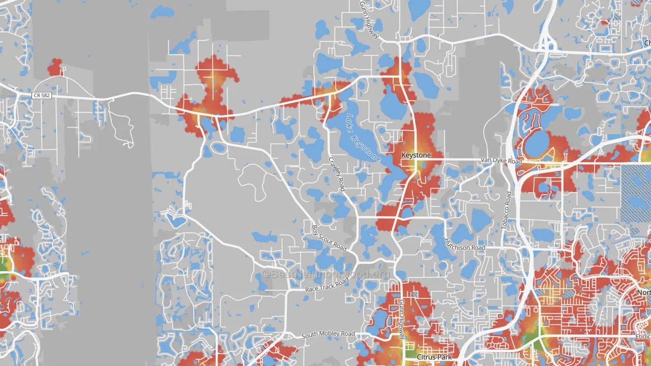 Walk Grade map of Keystone, FL, walkable areas in green and car-dependent areas in red