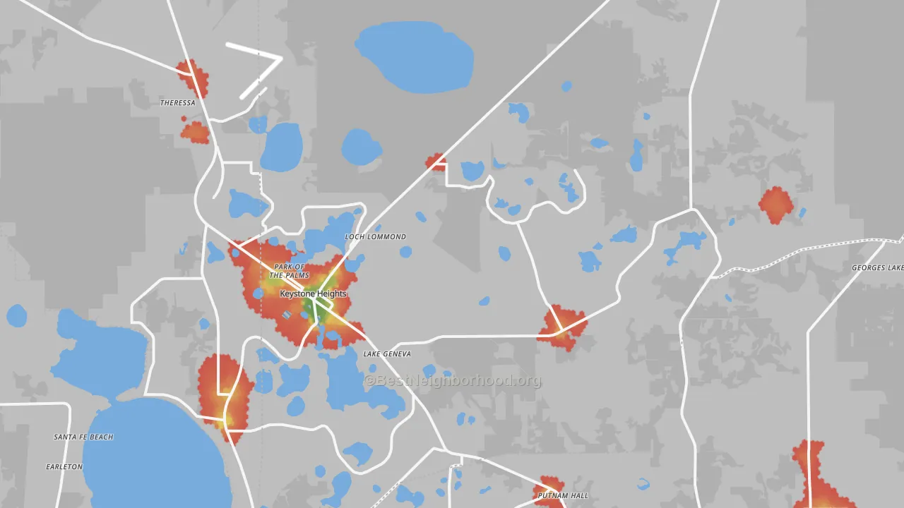 Walk Grade map of Keystone Heights, FL, walkable areas in green and car-dependent areas in red