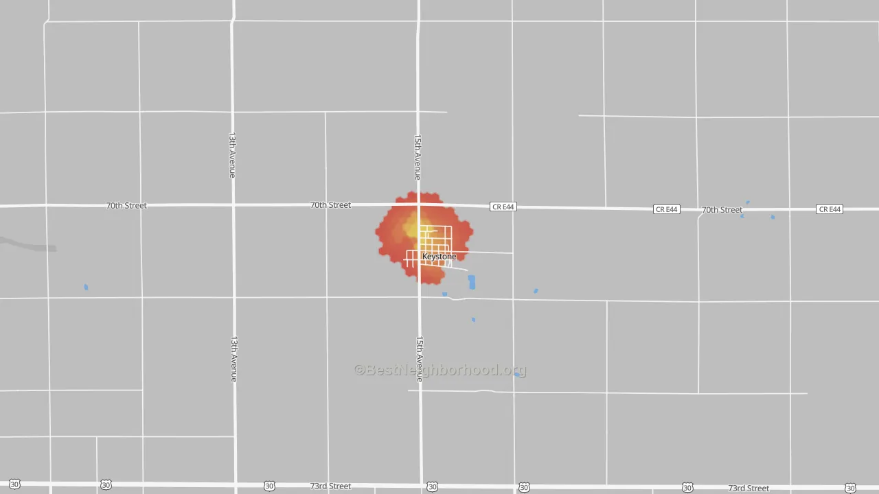 Walk Grade map of Keystone, IA, walkable areas in green and car-dependent areas in red