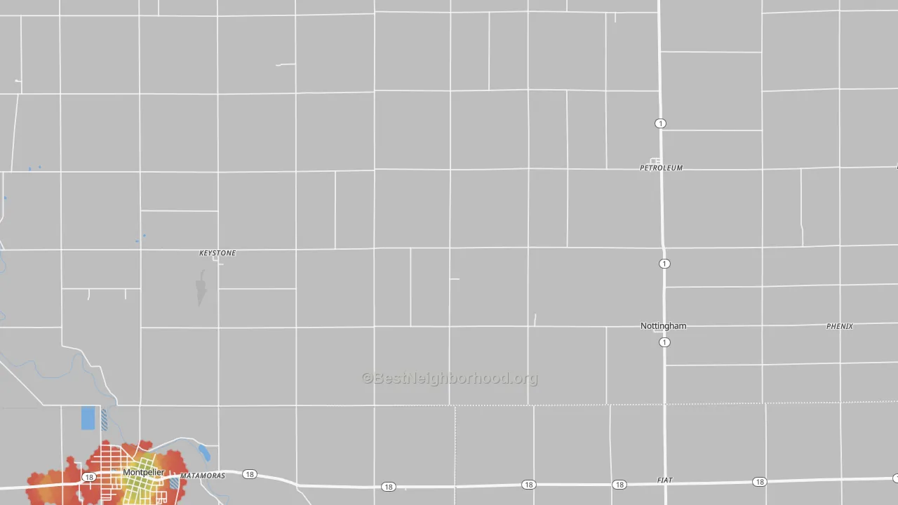Walk Grade map of Keystone, IN, walkable areas in green and car-dependent areas in red