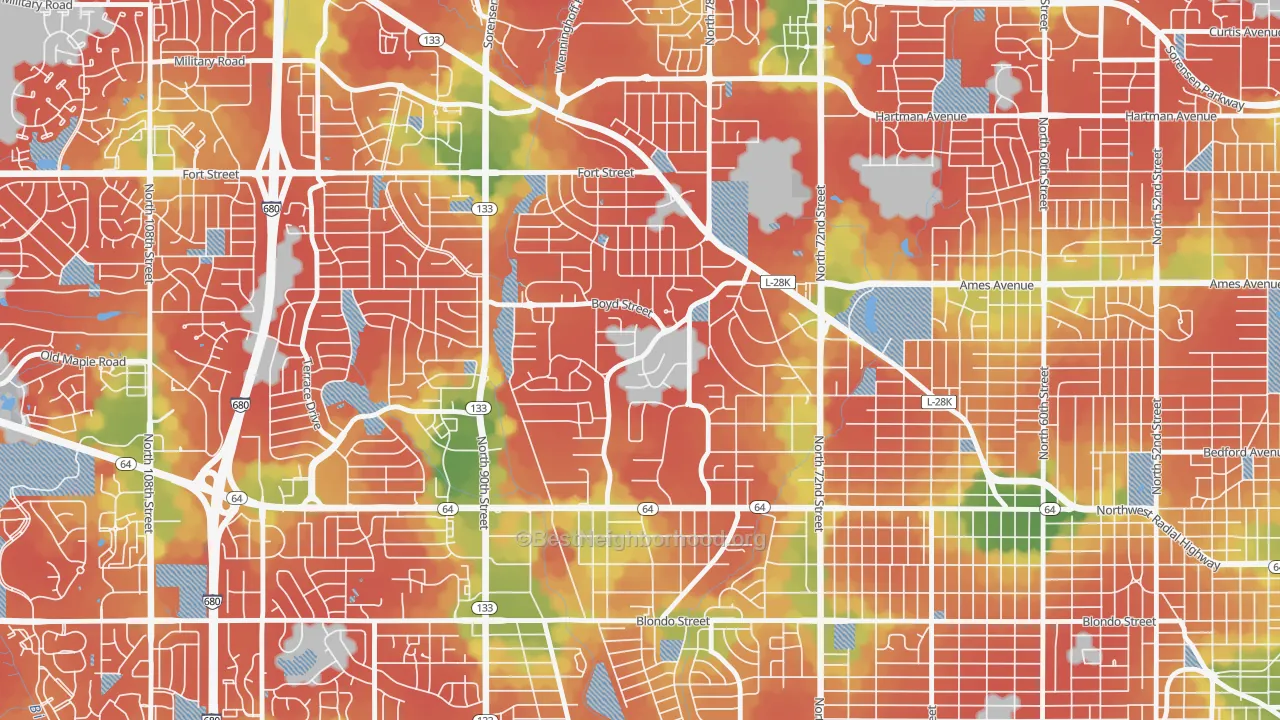 Walk Grade map of Keystone, Omaha, NE, walkable areas in green and car-dependent areas in red