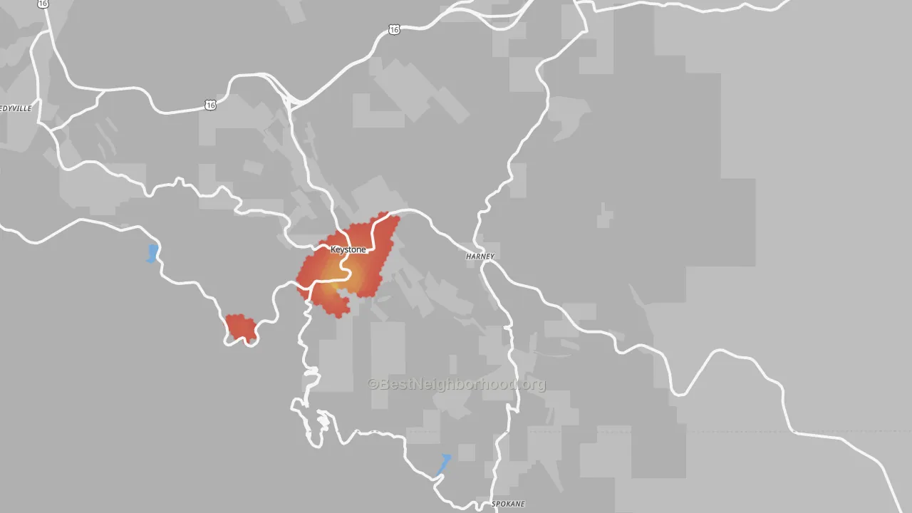 Walk Grade map of Keystone, SD, walkable areas in green and car-dependent areas in red