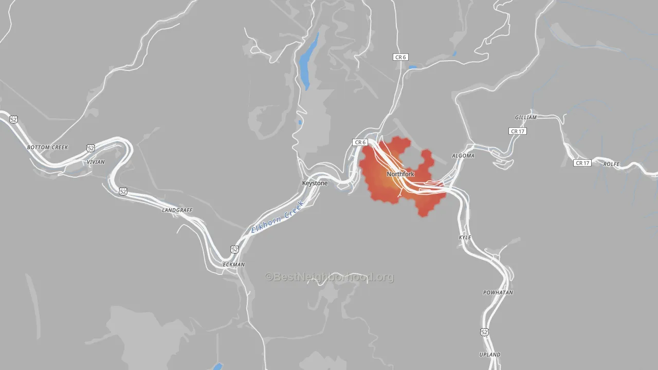 Walk Grade map of Keystone, WV, walkable areas in green and car-dependent areas in red