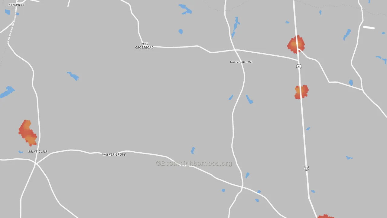 Walk Grade map of Keysville, GA, walkable areas in green and car-dependent areas in red