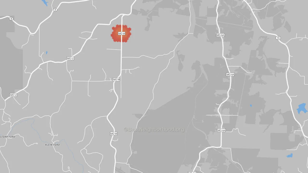 Walk Grade map of Keysville, MO, walkable areas in green and car-dependent areas in red