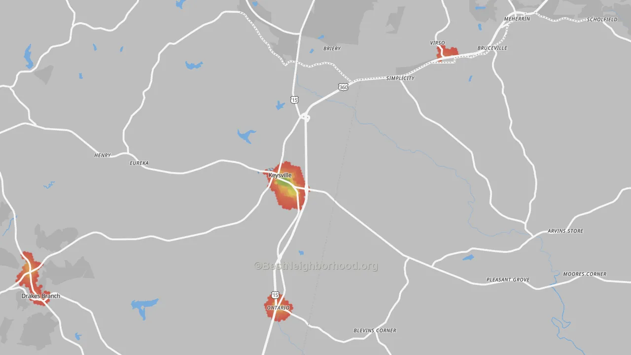 Walk Grade map of Keysville, VA, walkable areas in green and car-dependent areas in red