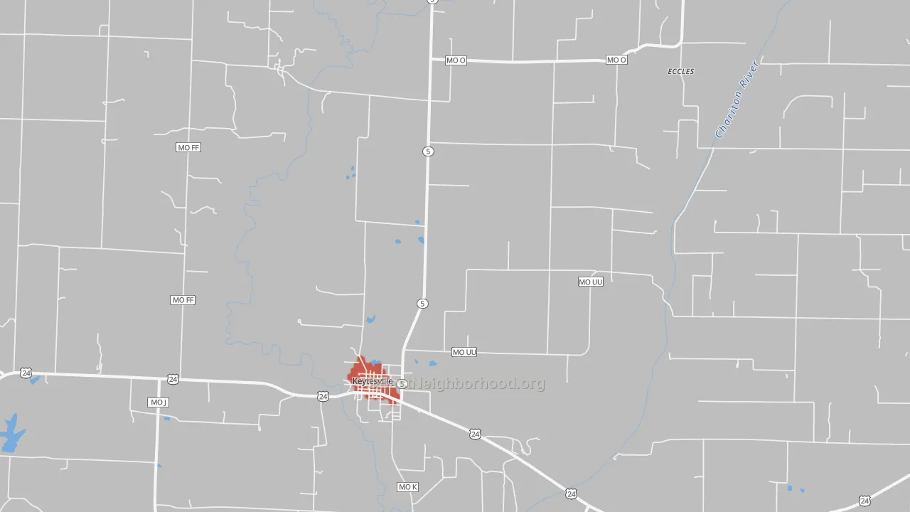 Walk Grade map of Keytesville, MO, walkable areas in green and car-dependent areas in red