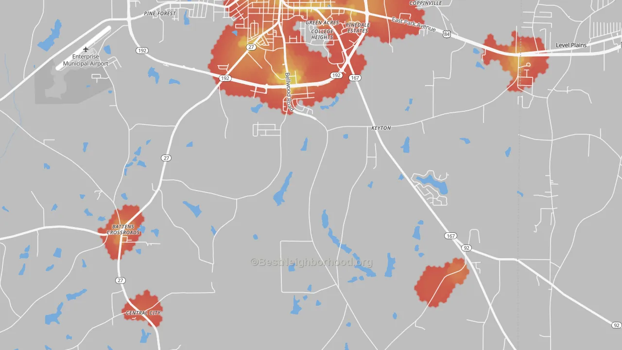 Walk Grade map of Keyton, AL, walkable areas in green and car-dependent areas in red