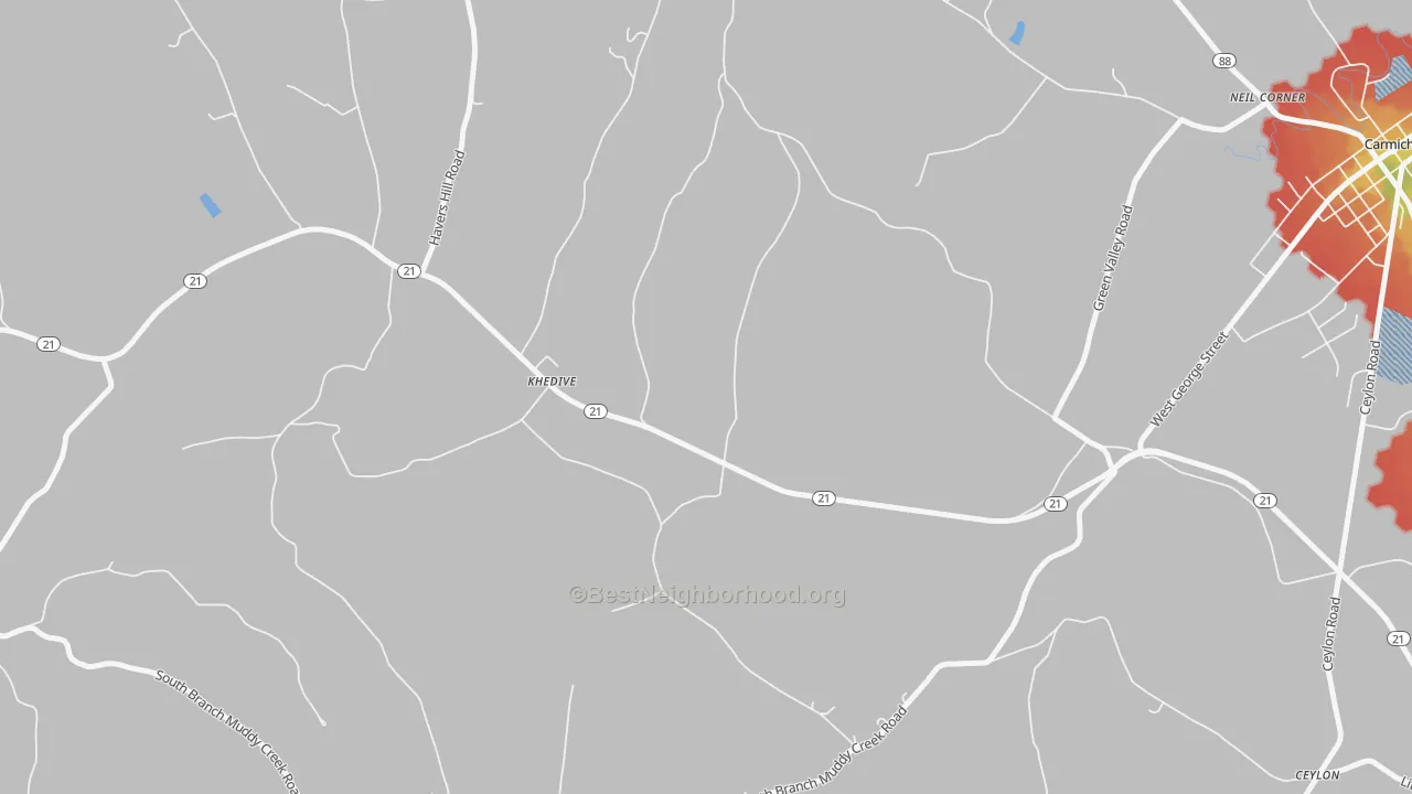 Walk Grade map of Khedive, PA, walkable areas in green and car-dependent areas in red