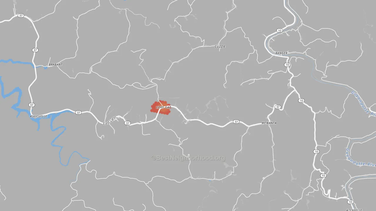 Walk Grade map of Kiahsville, WV, walkable areas in green and car-dependent areas in red