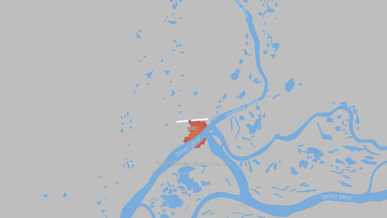 Walk Grade map of Kiana, AK, walkable areas in green and car-dependent areas in red