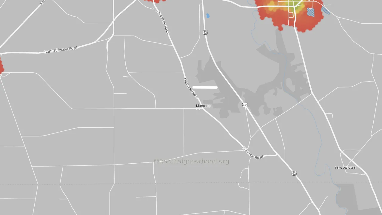 Walk Grade map of Kiantone, NY, walkable areas in green and car-dependent areas in red