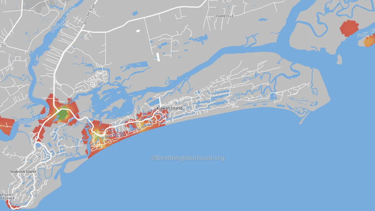 Walk Grade map of Kiawah Island, SC, walkable areas in green and car-dependent areas in red