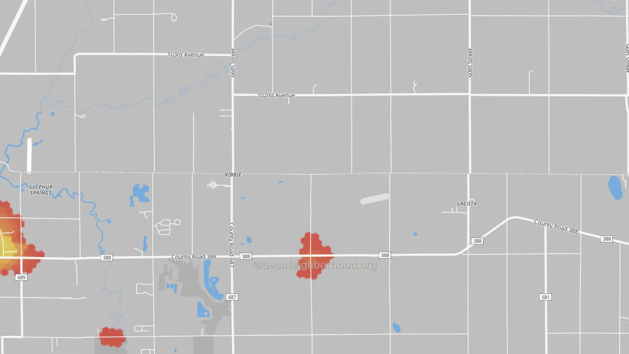 Walk Grade map of Kibbie, MI, walkable areas in green and car-dependent areas in red
