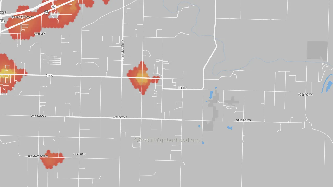 Walk Grade map of Kibler, AR, walkable areas in green and car-dependent areas in red
