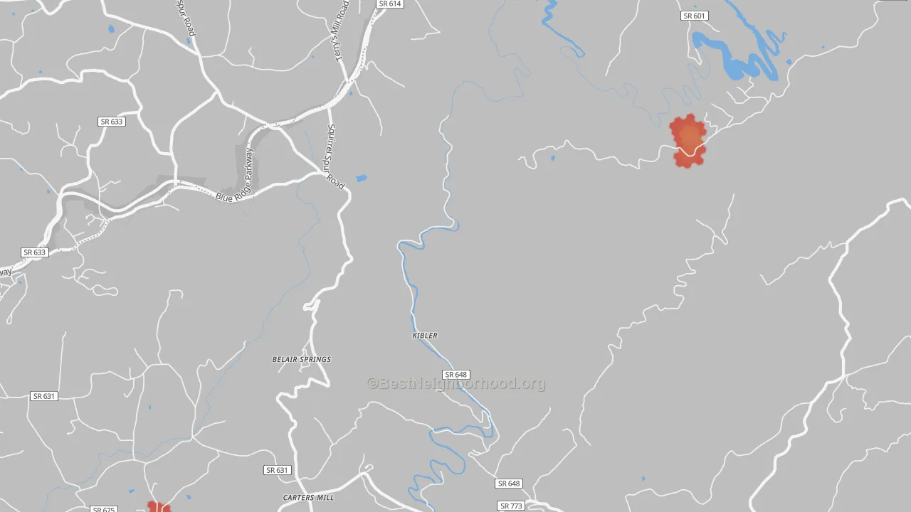 Walk Grade map of Kibler, VA, walkable areas in green and car-dependent areas in red