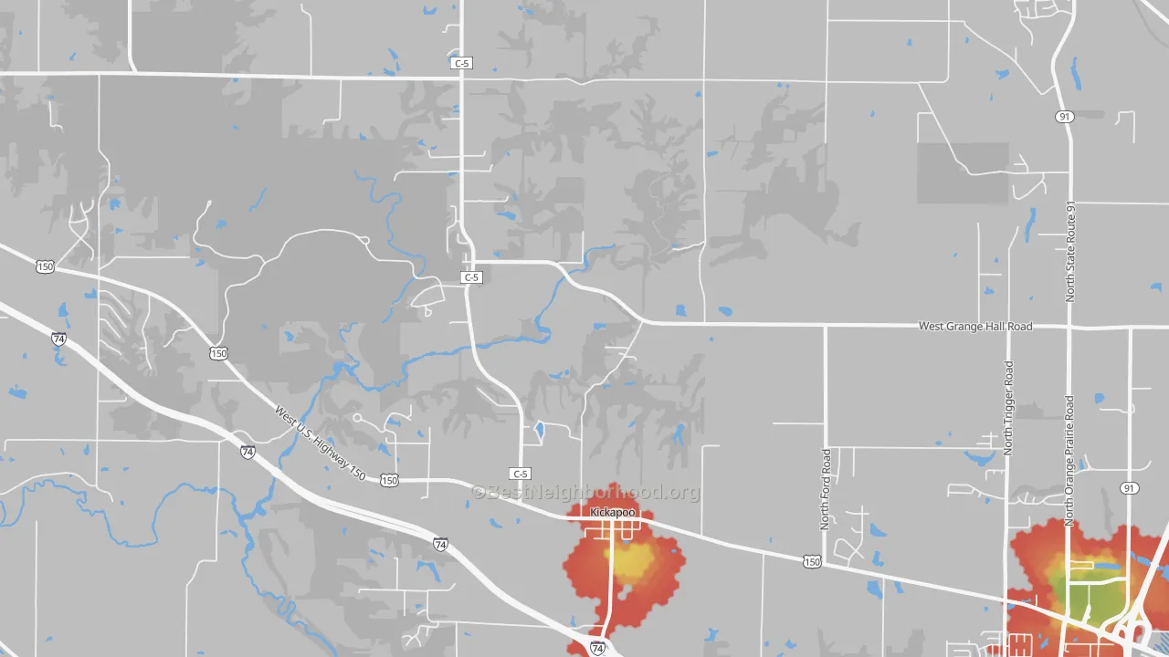 Walk Grade map of Kickapoo, IL, walkable areas in green and car-dependent areas in red