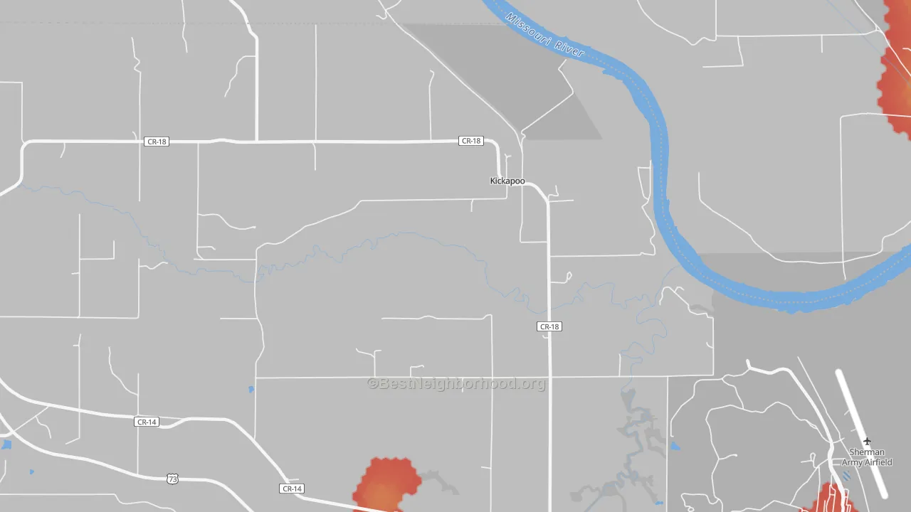 Walk Grade map of Kickapoo, KS, walkable areas in green and car-dependent areas in red
