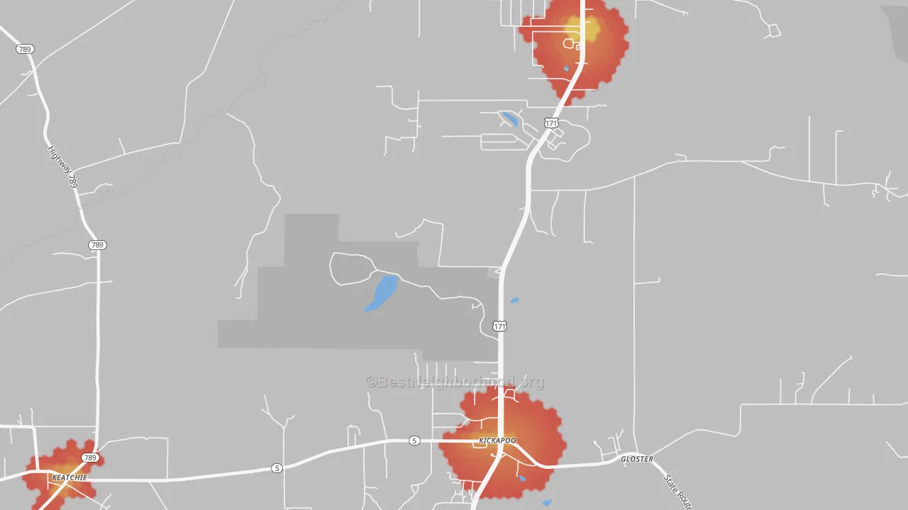 Walk Grade map of Kickapoo, LA, walkable areas in green and car-dependent areas in red