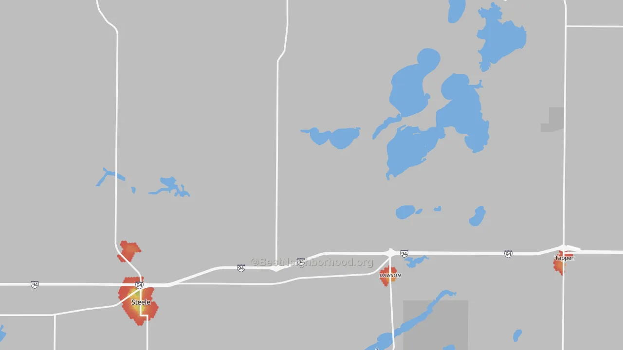 Walk Grade map of Kidder County, ND, walkable areas in green and car-dependent areas in red